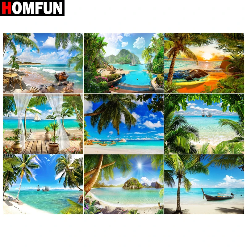 

Алмазная живопись HOMFUN, вышивка крестиком «Пляж кокосового дерева», 5D алмазная вышивка «сделай сам», полная выкладка/круглая картина