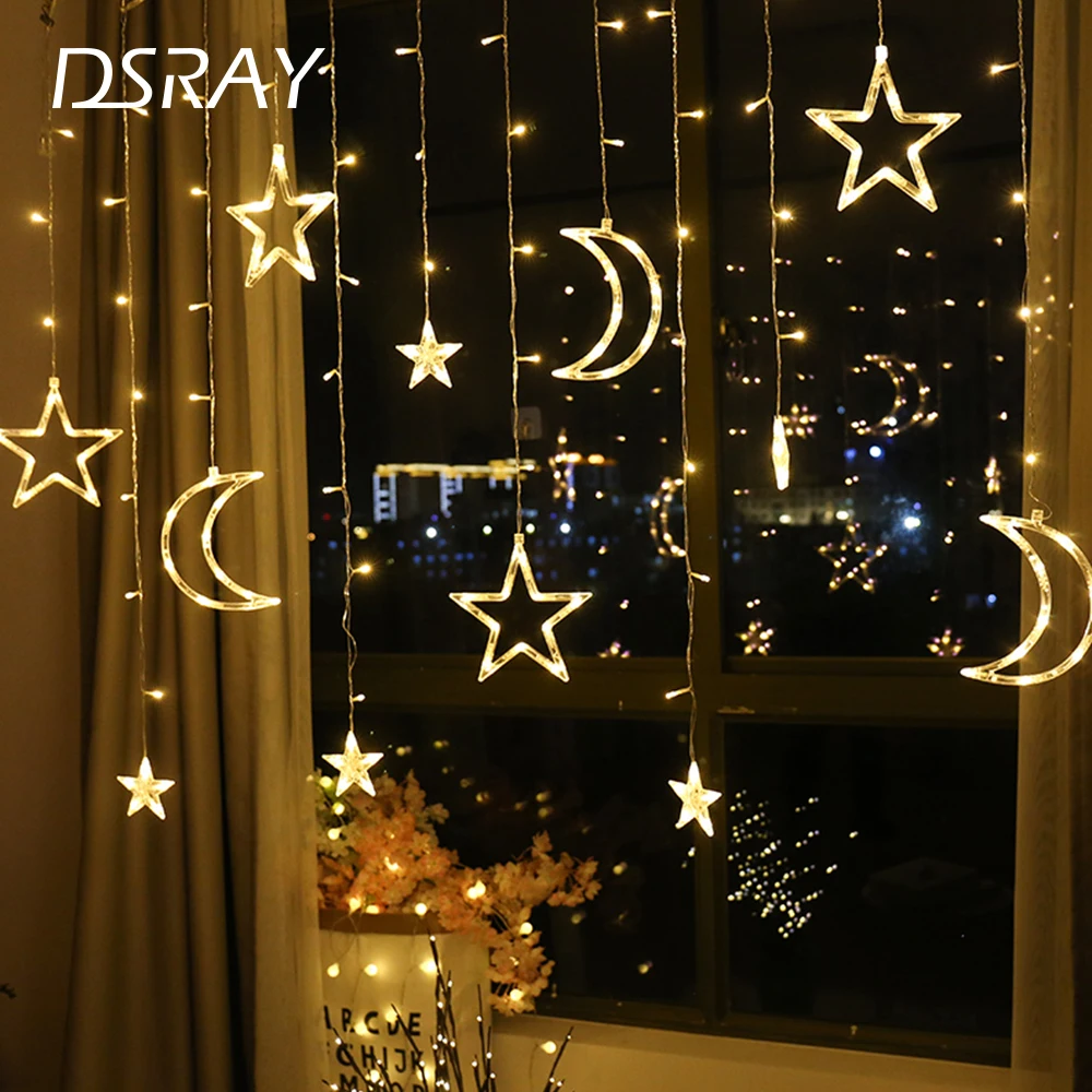 СВЕТОДИОДНАЯ Гирлянда-занавеска в виде Луны и звезды Рождественское украшение