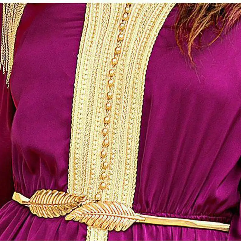 

Middle East Woven Satin Dress Rose Red Bea Ded Fringe Epaulettes Muslim Women's Clothing Send Belt Moroccan Abaya Kimono