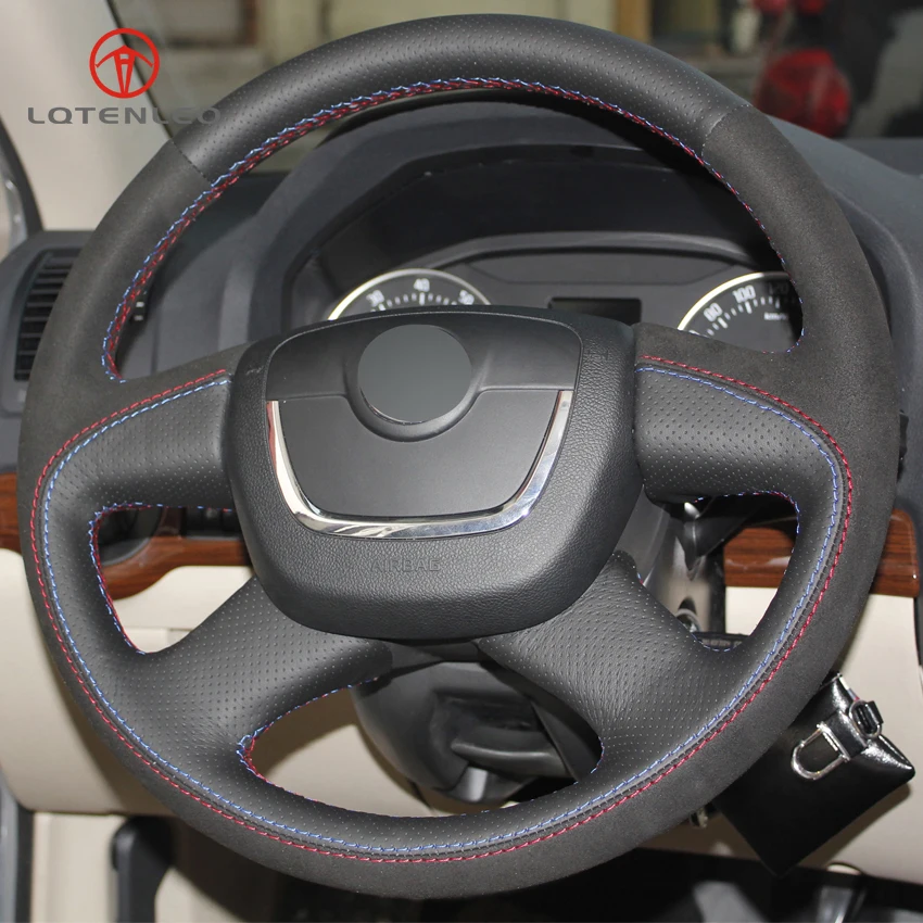 

LQTENLEO Black Genuine Leather Car Steering Wheel Cover for Skoda Octavia Yeti Superb 2008-2013 Citigo Roomster Fabia 2009-2012