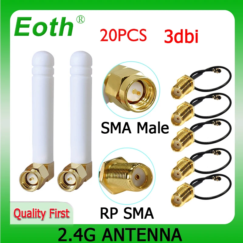 

EOTH 20pcs 2.4g antenna wifi 2.4ghz antene 3dbi sma male wlan IPX ipex 1 SMA female pigtail Extension Cable iot module antena