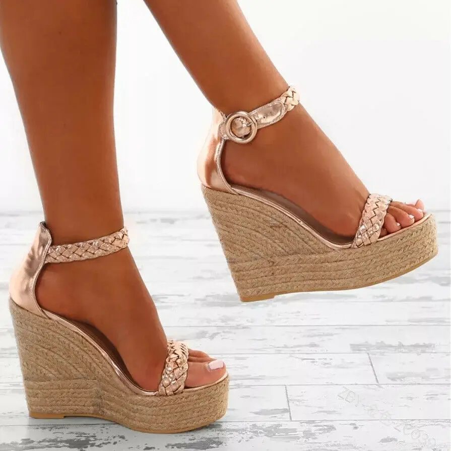 

Женские сандалии в римском стиле, высокий каблук на платформе, соломенное плетение, ремешок на щиколотке, криперы