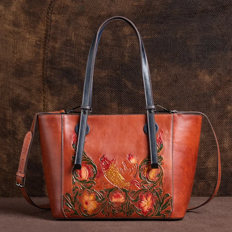 

Luxury Handbags Women Bags Designer Retro Flower Genuine Leather Tote Bag Ladies Large Capacity Floral Messenger Shoulder Bags