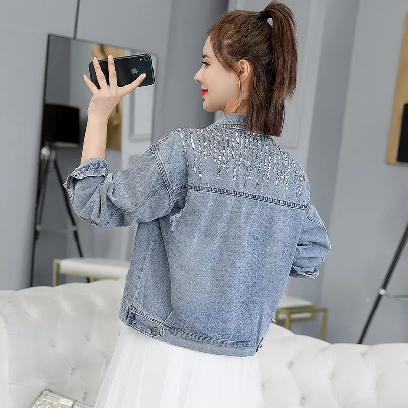 

Denim Jacket Women 2020 Autumn New Fashion Female Long Sleeve Single Breasted Sequins Loose Outerwear Denim Coats Jacket
