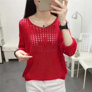 Ажурные вязаные летние топы, тонкий женский сетчатый джемпер с рукавом до локтя, вязаные женские пуловеры с круглым вырезом, женский свитер