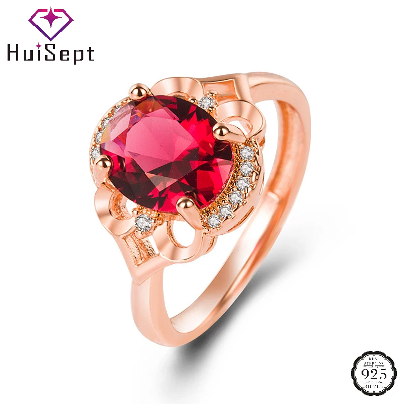 

HuiSept Retro Women Ring 925 Silver Jewelry Oval Shape Ruby Zircon Gemstone Finger Open Rings for Wedding Engagement Accessories