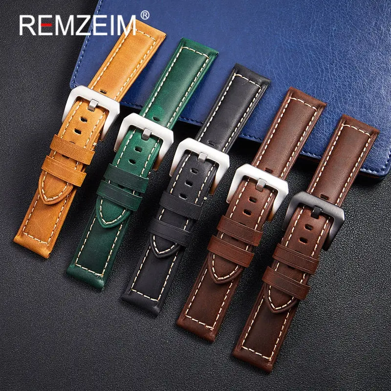 

Ремешок кожаный REMZEIM для наручных часов, ретро аксессуары для часов, серебристый чёрный однотонный браслет с пряжкой, 18 мм 20 мм 22 мм 24 мм