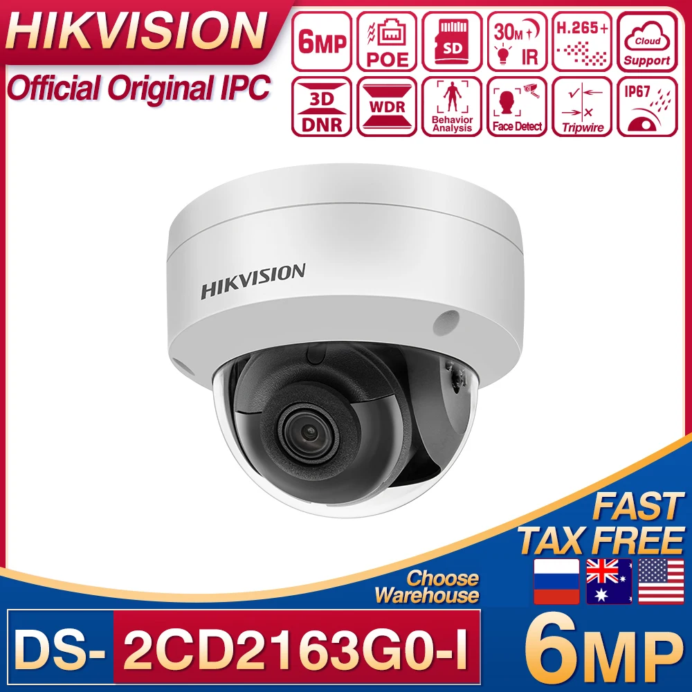 

Hikvision DS-2CD2163G0-I POE IP купольная камера, 6 МП, слот для SD-карты, H.265 + IP67 2, Анализ поведения, обнаружение лица, видеомониторинг