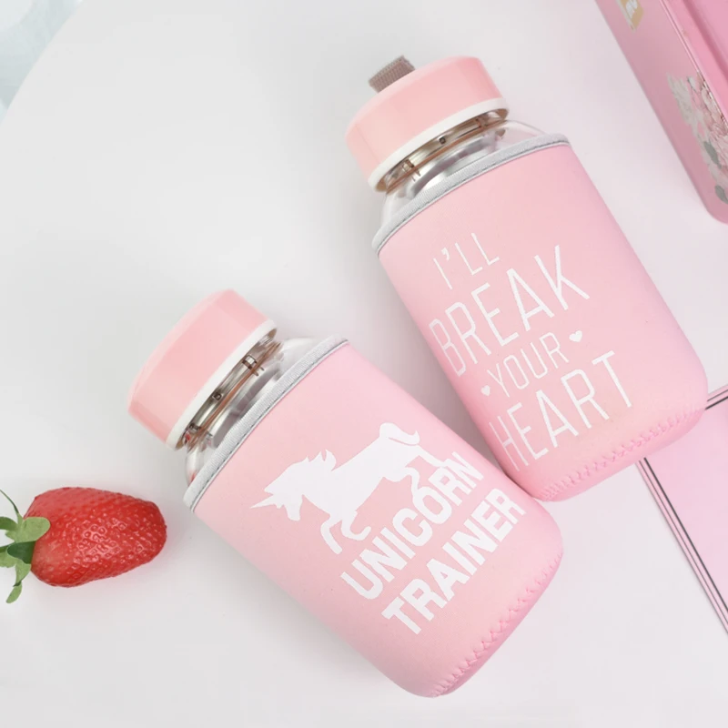 Стеклянная бутылка для воды с мультяшным единорогом 600 мл тканевой защитной