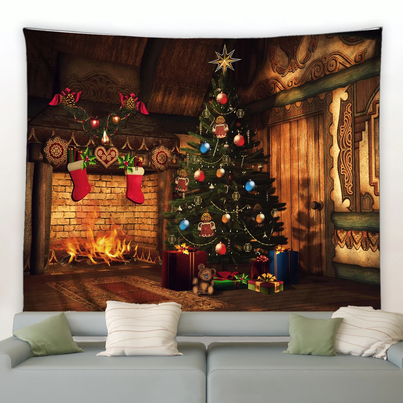 

Christmas Tree Fireplace Print Tapestry Wall Hanging Background Cloth Decor Polyester Xmas Home Bedroom Room Decoration Blanket