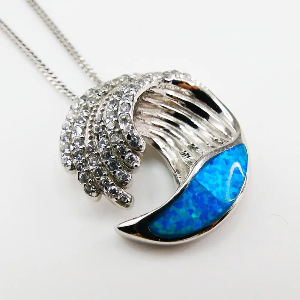 

Hot Selling 925 Sterling Silver Blue Fire Opal Wave Pendant Women's Pendant Necklace For Gift