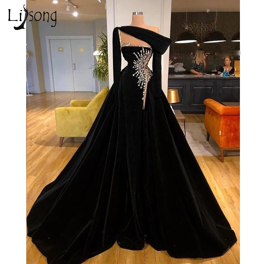 

Vintage Black Mermaid Evening Dresses With Sparkle Gold Sequin Beads Long Prom Gowns With Detachable Train Full Sleeves