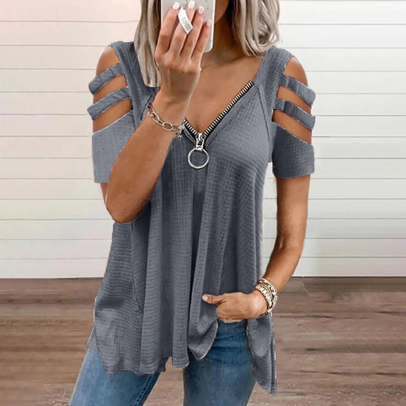 

Summer Women Fashion Casual Tshirts Summer Top Tee Tops V neck Hollow out Zipper Design Tee-Shirts 3XL 5XL Solid T-shirt