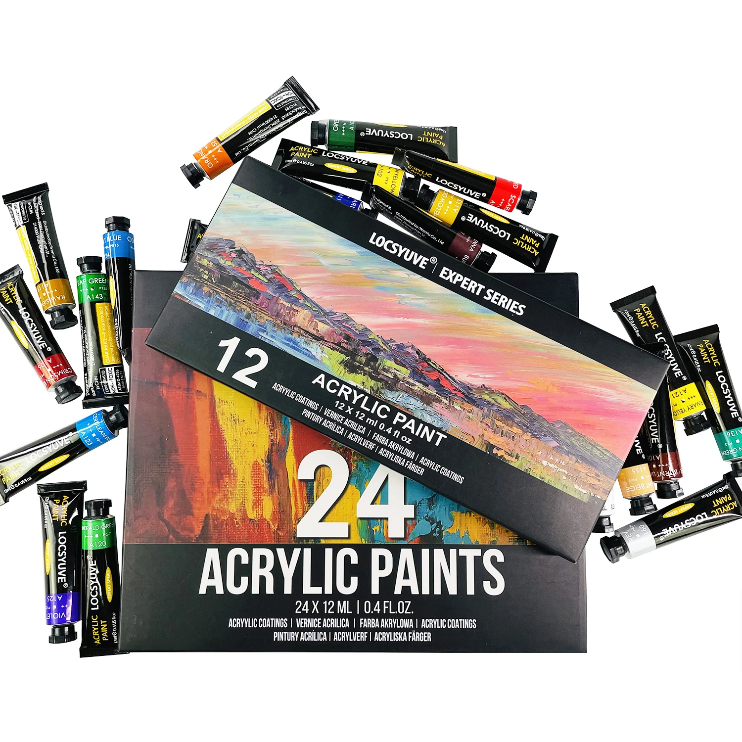

Locsyuve Acrylic Paint 24 Colors 12ml Rich Pigments, Non Fading, Non Toxic Paints for Artist Art Supplies for Canvas Painting