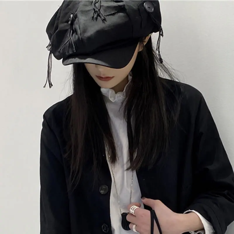 

XITAO Buttons Tassel Splicing Fedoras Back Women Personality Four Seasons Can Be Brought Fashion All-match 2021 New WLD6232