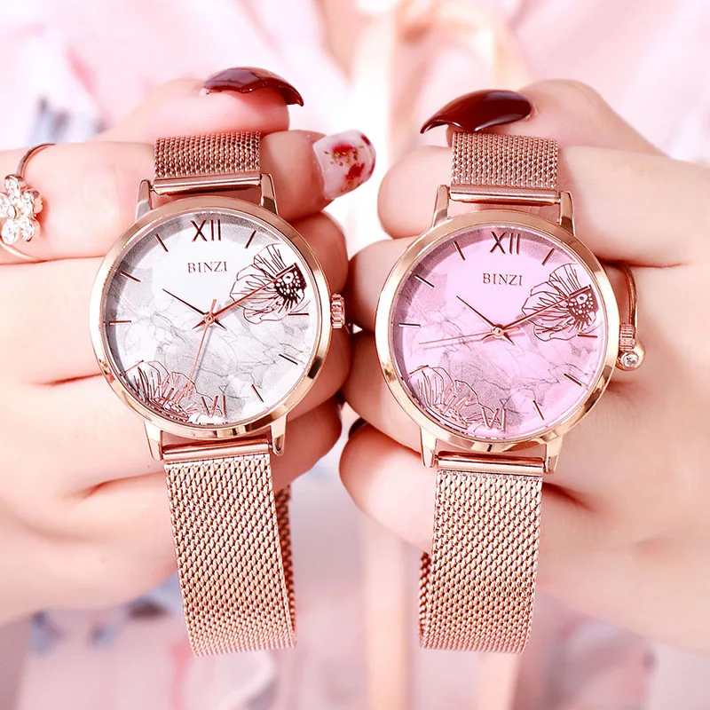 Нержавеющая сталь сетка розовое золото водонепроницаемые женские наручные часы