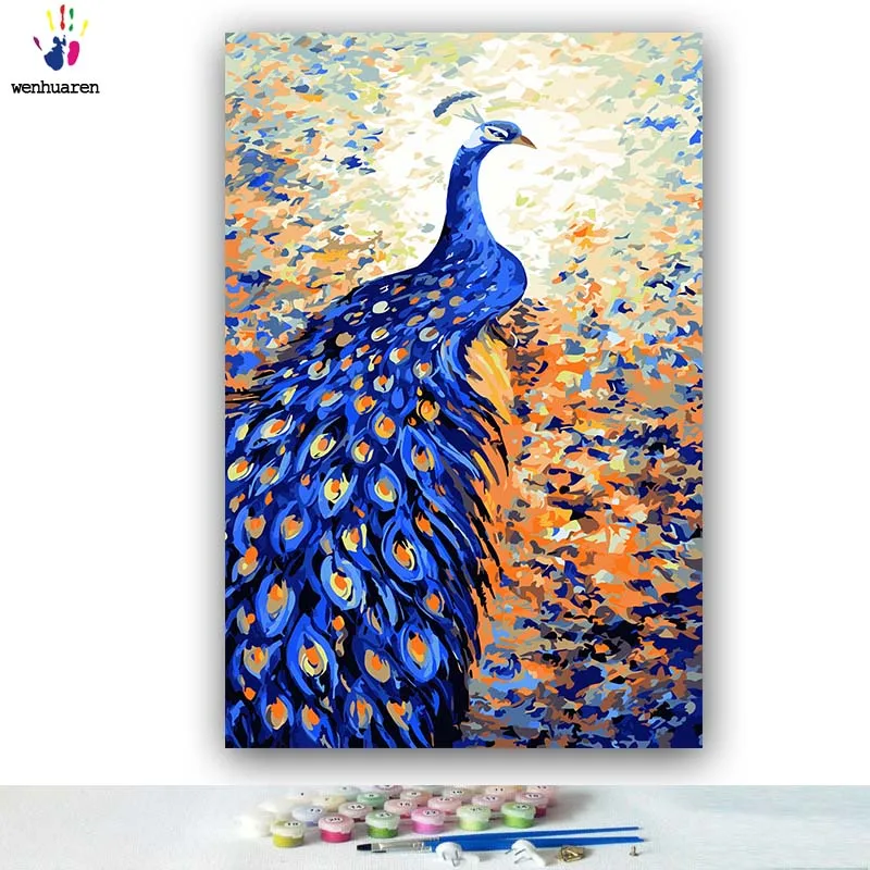 Цветные рисунки для раскрашивания по номерам "Королева павлинов" с рамкой для домашнего декора, две части.