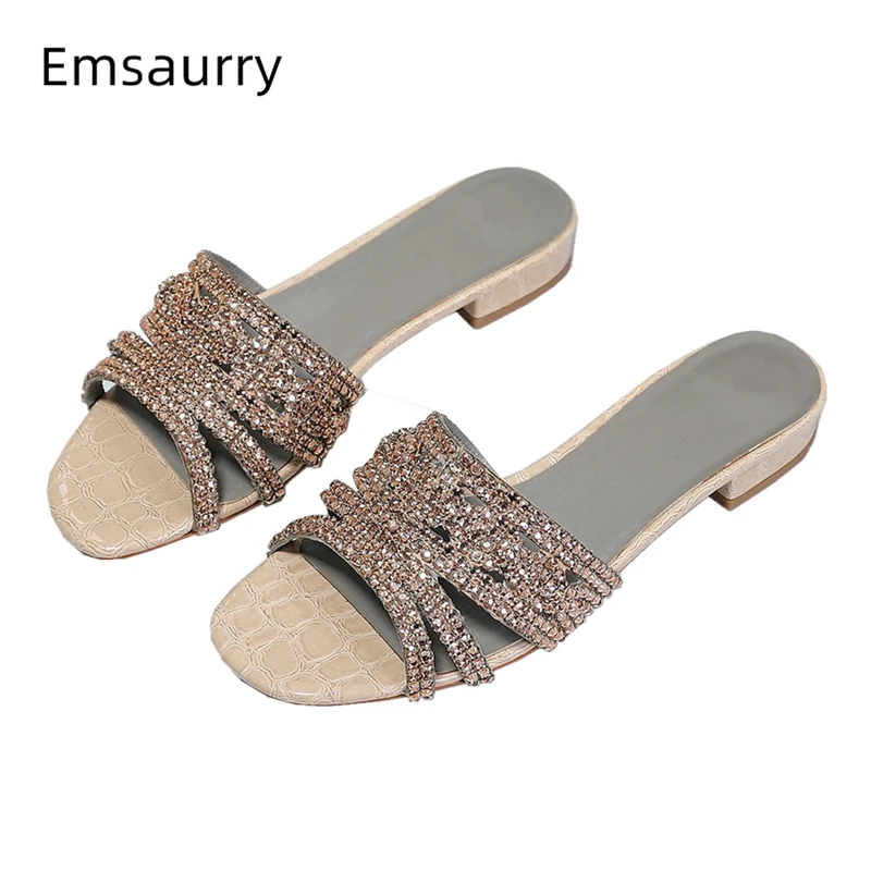 

Chic 2021 Jeweled Rhinestone Slippers Women Sexy Open Toe Genuine Leather Stone Grain Flat Mules Summer Shoes Woman