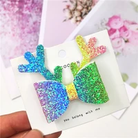 1pcs lovely rainbow elk leather glitter 2 8 inch bow elastic hair bands hairpins dance party hair accessories for baby girl 2021