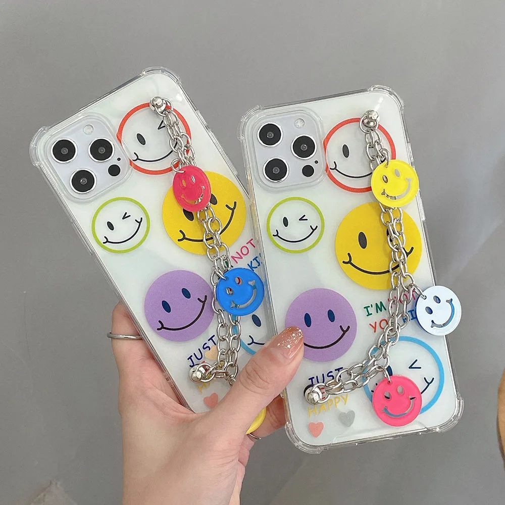 

Wrist Chain Case for iPhone 12Pro Max 7 8 Plus XR XS Max SE 2020 Shockproof Cases Cute Smiley Chain Hanging Case for iPhone 11