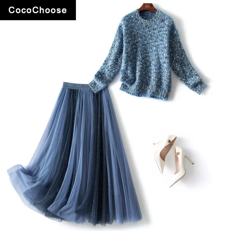 

Женский сетчатый костюм с юбкой, вязаный свитер и пуловер с круглым вырезом, повседневный синий костюм из двух предметов, весна-осень 2022