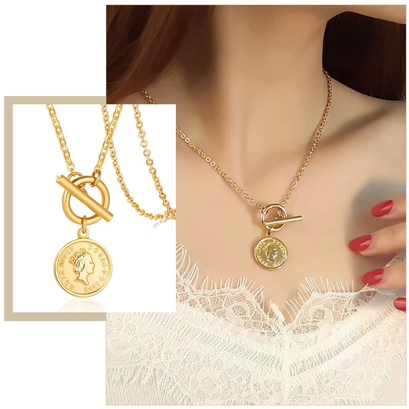 

Vintage Queen Elizabeth Portrait Coin Pendant Necklaces for Women Lady Jewelry with Toggle Clasp