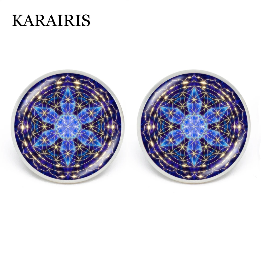 KARAIRIS серьги-гвоздики с изображением священной геометрии мандалы Ом йоги цветок