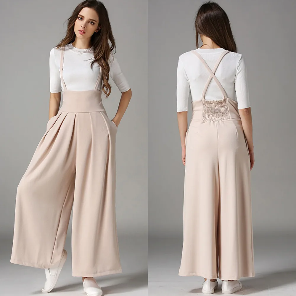 

Casual Women Solid Pleated High Waist Wide Leg Pants Fashion Ladies Loose Suspenders Trousers Female Pants pantalon ete femme