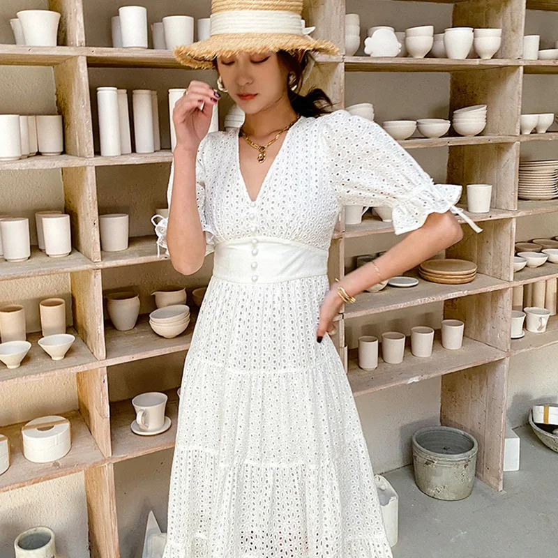 

Summer Dress Women Clothes Mid-Calf V-Neck Dresses Ladies Puff Sleeve Hollow Out Sundresses Cotton Straight Dress Summer Female