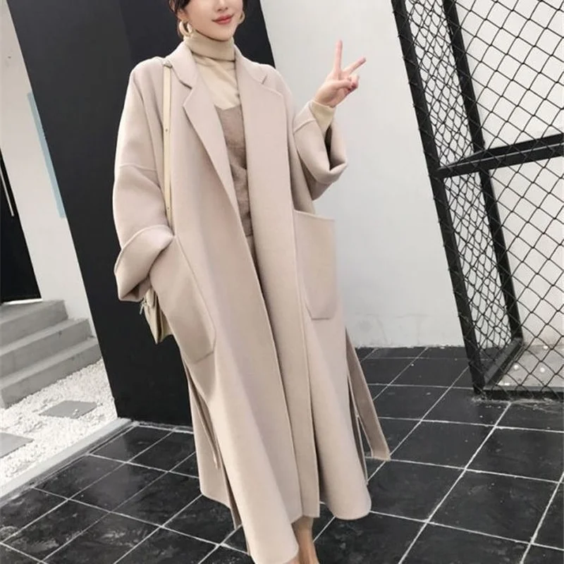 

Autumn Winter Woolen Cloth Coat Women's Long Knee-length Hepburn Style Wool Y2K Blends Parkas Abrigos Mujer Invierno 2021 Trench