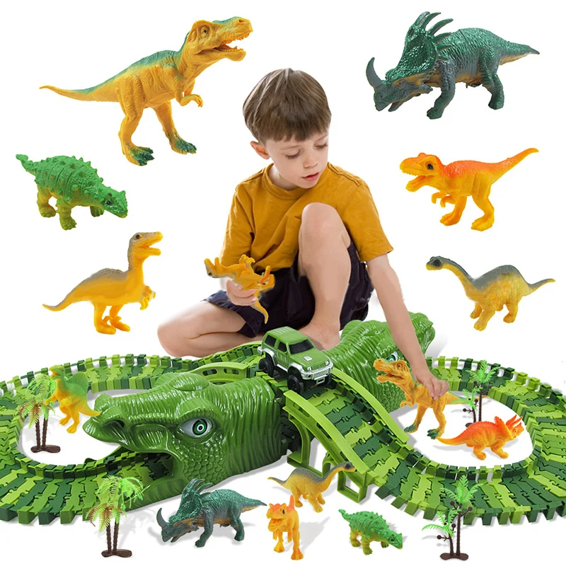 

Dinosaur Electric Railway Race Car DIY Changeable Assembled Building Blocks Tracks Over Dinosaur Hill Gift Toys for Boy Children