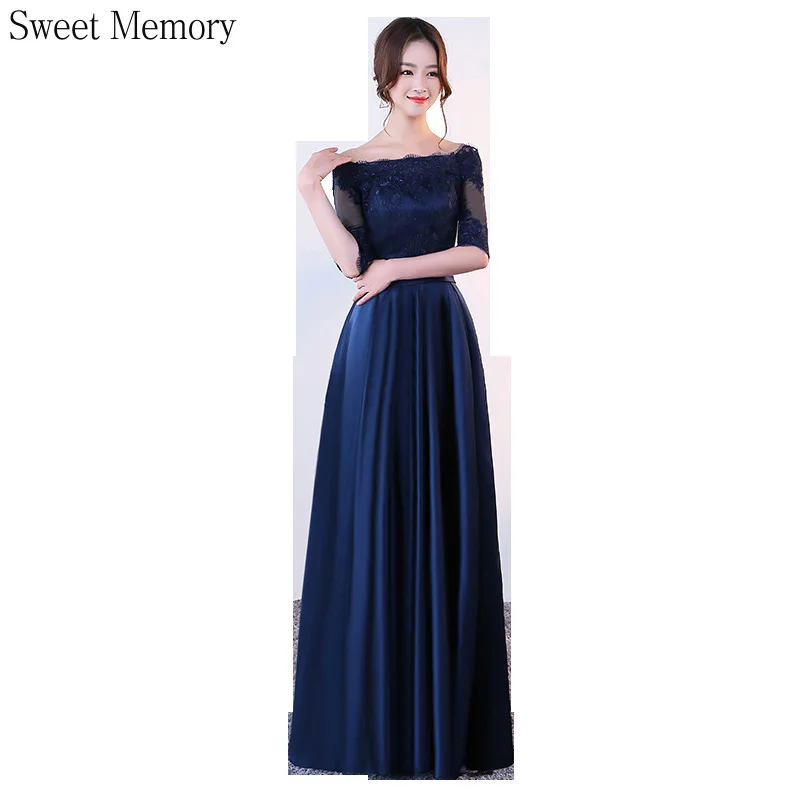 

J7149 Sweet Memory Formal Gown Navy Blue Evening Dresses Boat Neck Appliques Lace Up Satin Dress 2021 Woman Prom Party Robes