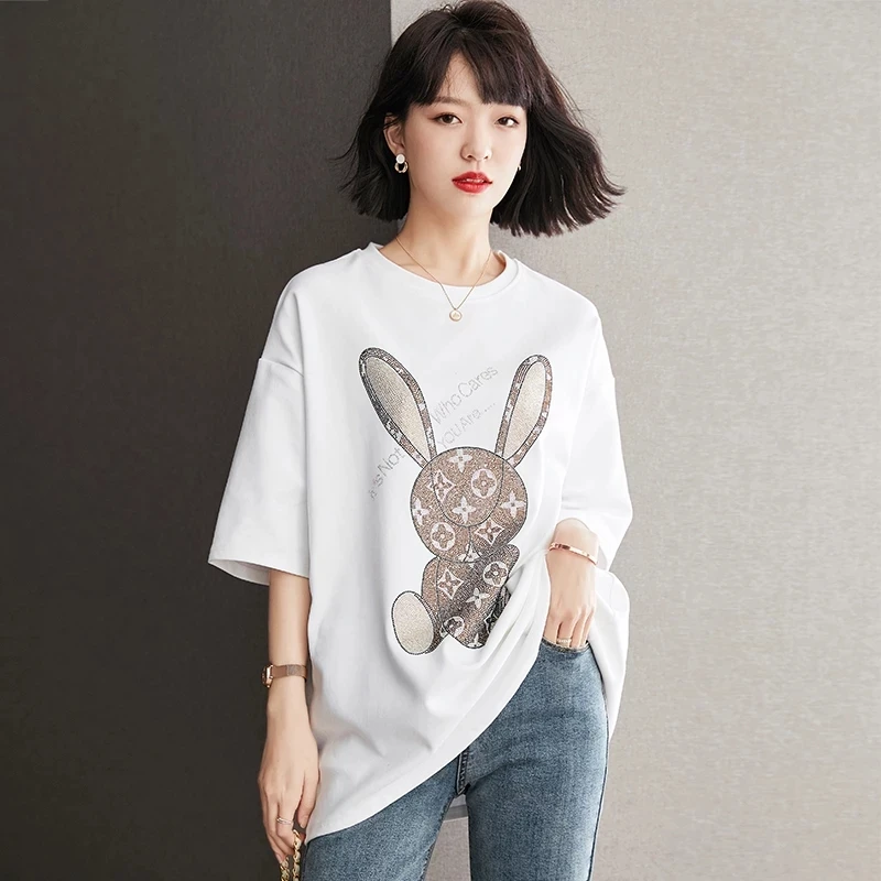 

Animal Diamond T Shirt Summer Short Sleeve Women Top Black Tshirt Cotton Korean Style T-shirt Women Clothes Tee Shirt Femme Whit