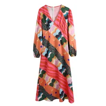 Longue robe Patchwork à imprimé africain pour femmes, ample, col en V, manches longues, tenue décontractée, automne hiver 2021  (2)