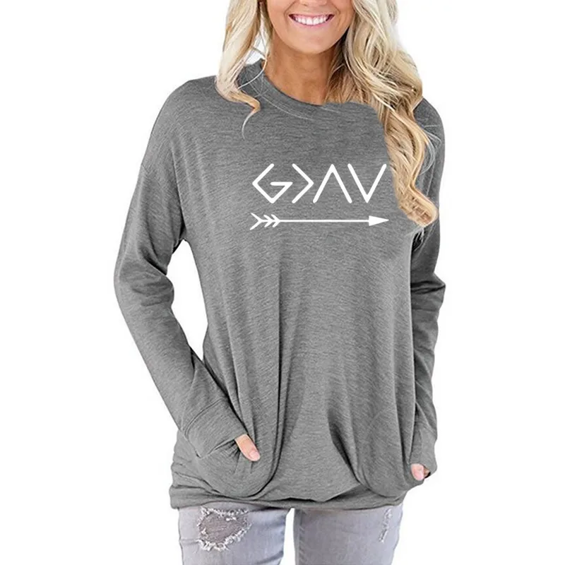 

Hoodies For Women Faith God Is Greater Than The High Letters Print Long Sleeve Pocket Kawaii Sweatshirt Femmes Hoodies