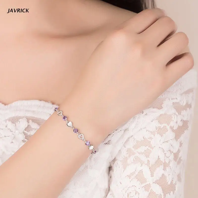 

Crystal Heart Bracelet 925 Sterling Silver Charm Wristband Women Jewellery Gift