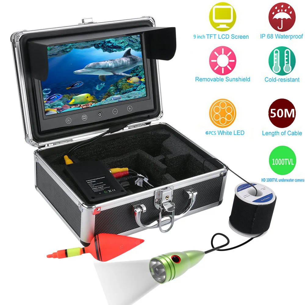 Цена Видеокамера для подводной рыбалки GAMWATER, комплект из 6 светодиодный ных ламп с цветным монитором 9 дюймов, HD 1000tvl, 20 м 30 м 50 м