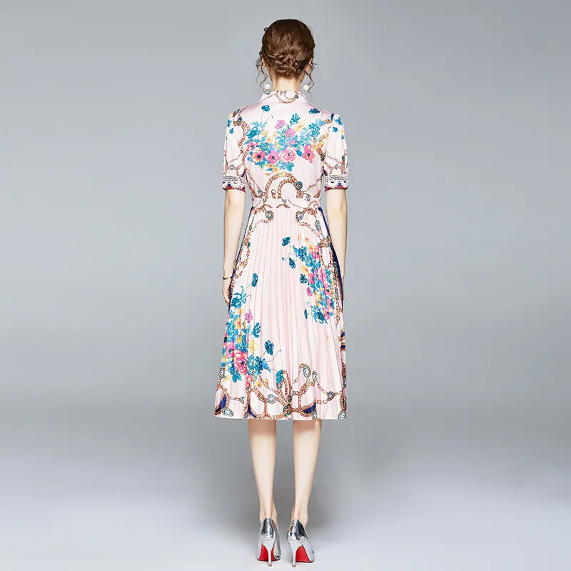 

Women Dress Summer Short Sleeve Pink Floral Midi Maxi Pleated Bow Elegant Fashion Evening Party Lady Dresses Vestidos De Fiesta