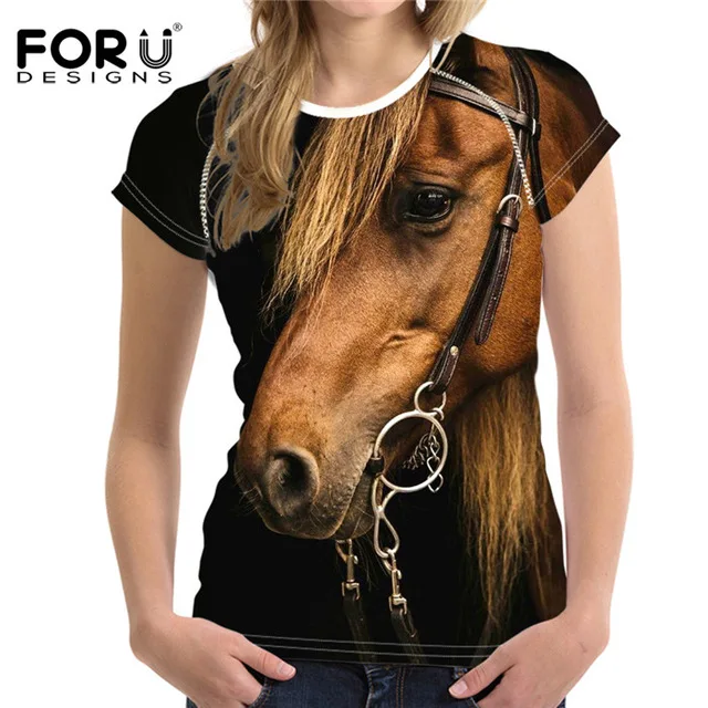 

FORUDESIGNS Funny 3D Crazy Horse Print Women Summer T Shirts Harajuku O Neck Short Sleeve Top Tee Clothing Stylish Girls T-shirt