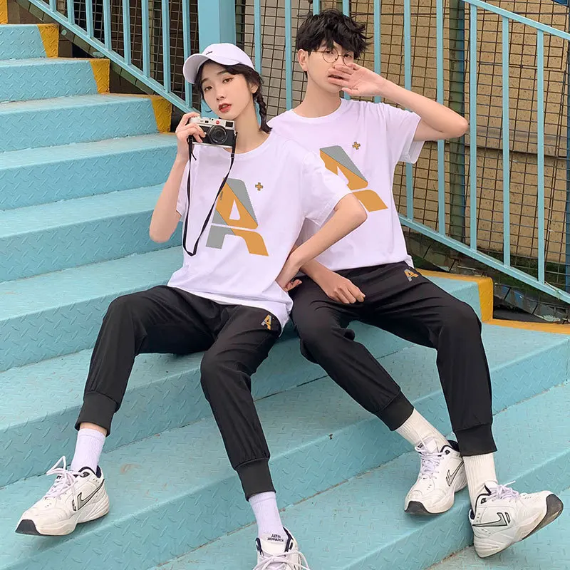 

Couple's casual suit 2021 summer new Tianzhu cotton T-shirt loose print suit