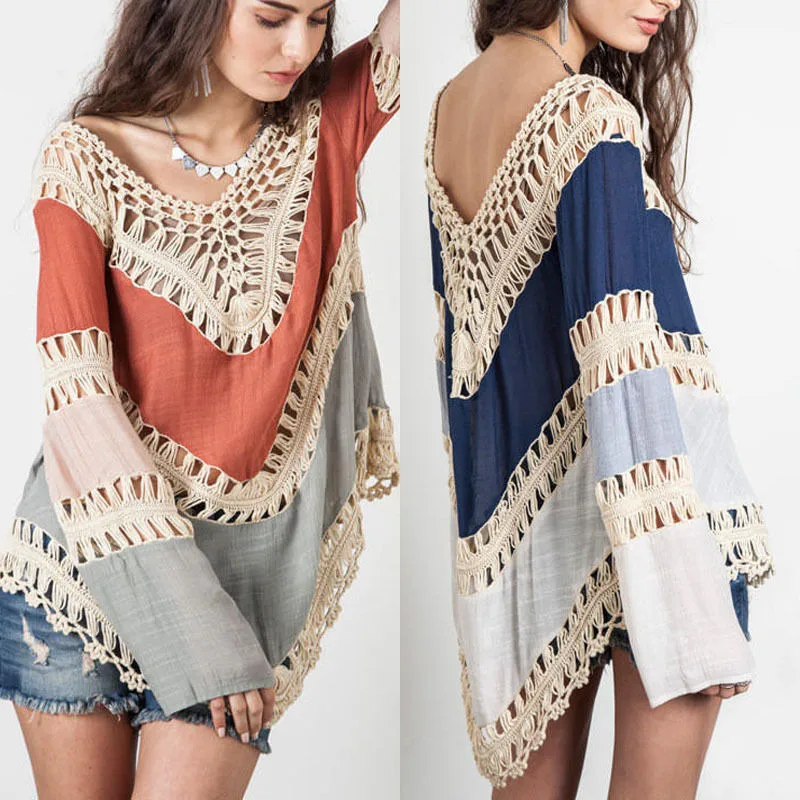 Women Hot Sale High Quality Cotton Long Sleeve V-neck Blouse Ladies Orange Blue Girls Blouses Blearance Hollow Out | Женская одежда