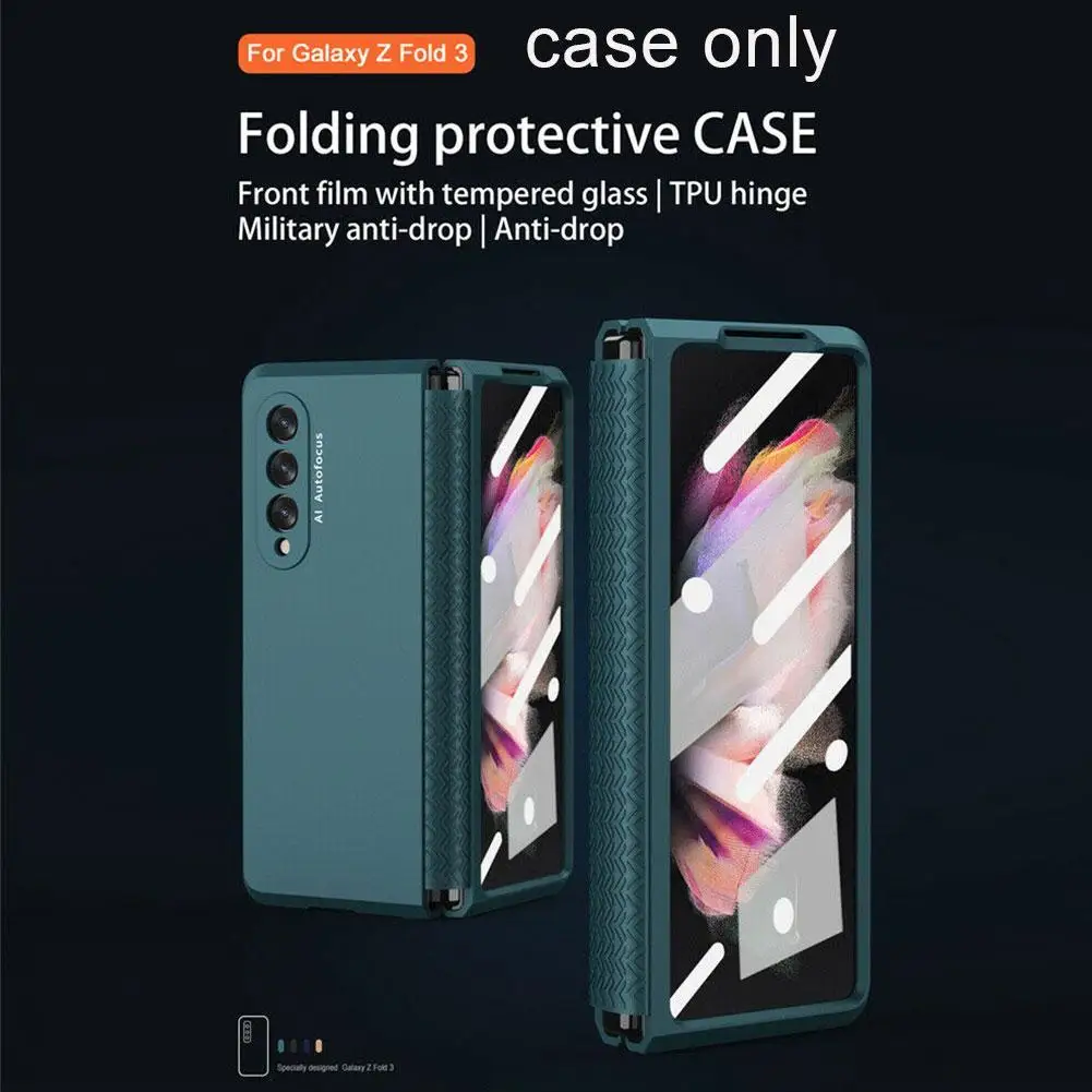 For Samsung Galaxy Z Fold 3 2 Hinge Case with Front Screen Glass Film Full Protection Cover Plastic Hard Case for Z Fold3 5G