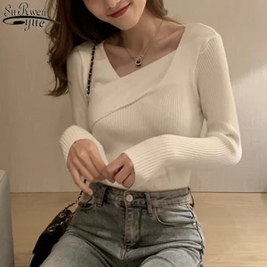 2021 зимняя женская трикотажная одежда, Однотонный свитер с V-образным вырезом в Корейском стиле, универсальный облегающий простой пуловер с длинным рукавом, трикотажная одежда 10374