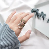 925 sterling silver female cute big ring finger green leaf twig elegant sweet open ring for woman girl fashion partyjewelry