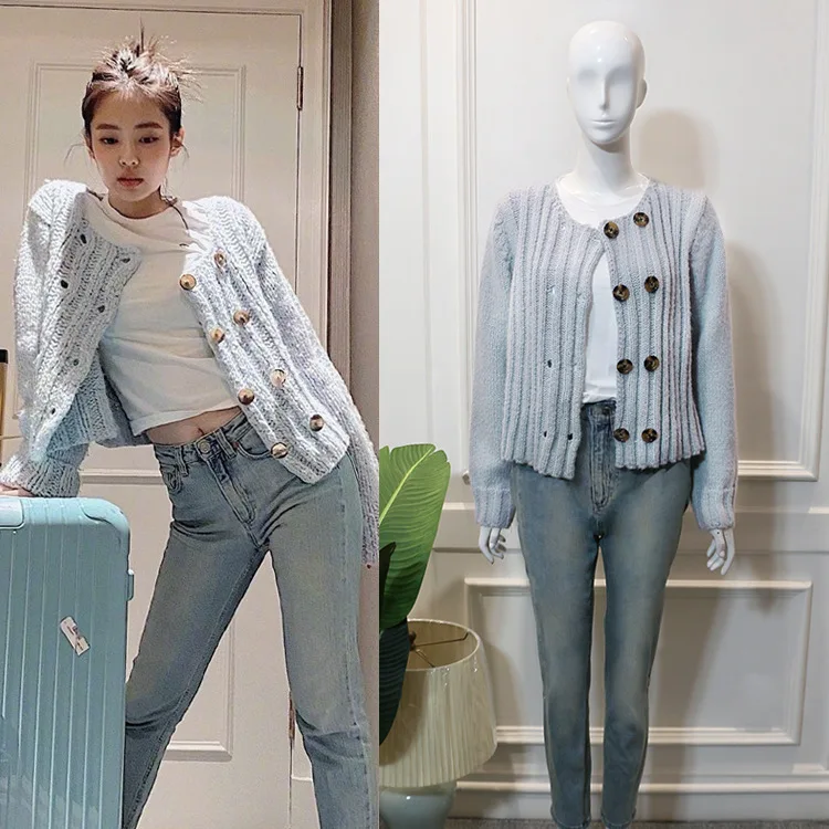 Kpop корейский Звездный светильник синий вязаный кардиган с длинными рукавами