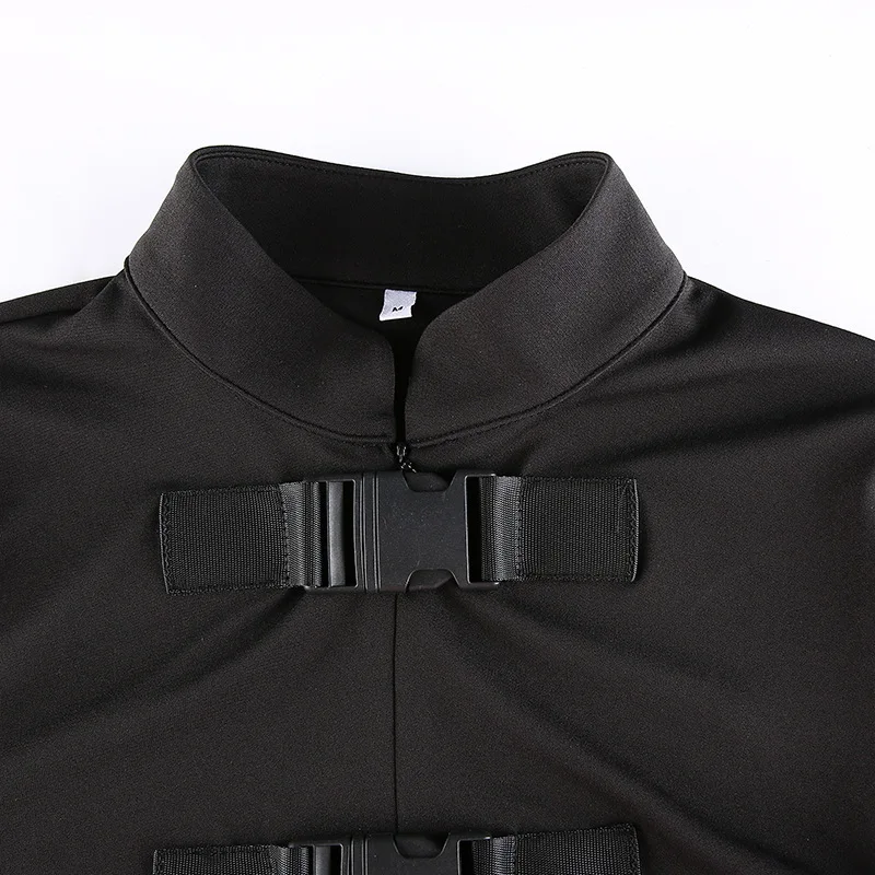 

Lady Short-length Plastic Buckle Puff Long Sleeve Cool Hipster Blusa Solid Black Stand Neck Women Blouse 2020 Autumn Goth Top