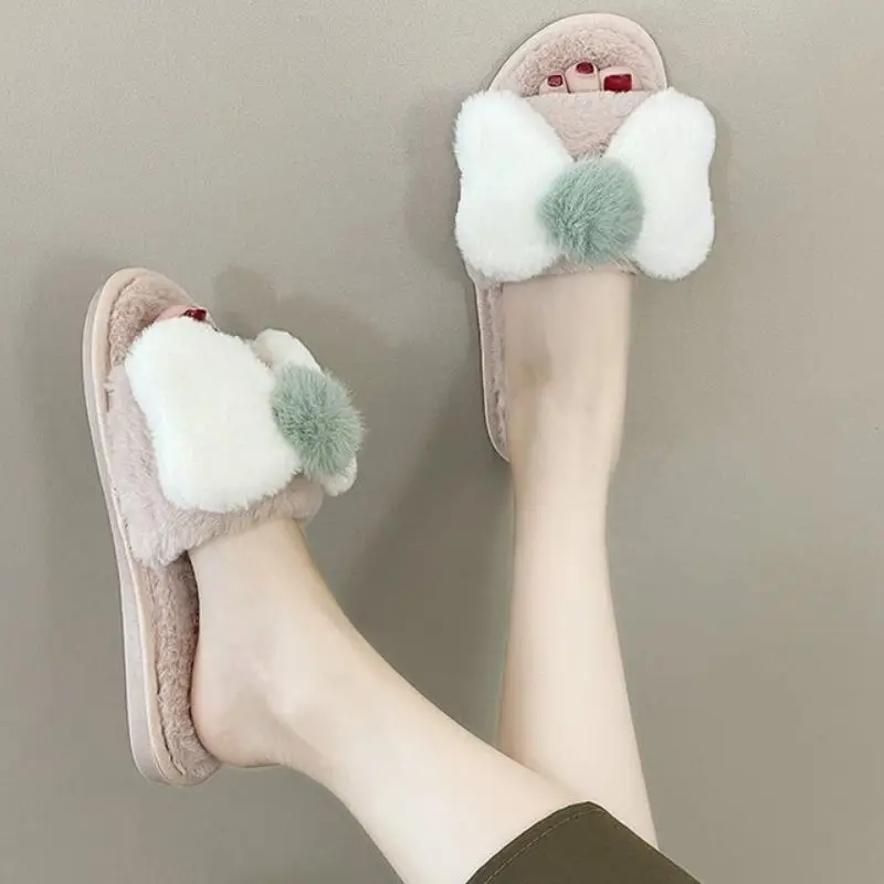 

CoolCept 2022 New Woman Slippers Mixed Color Plush Fur Winter In Door Shoes Woman Fashion Sweet Slipper Footwear Size 36-41