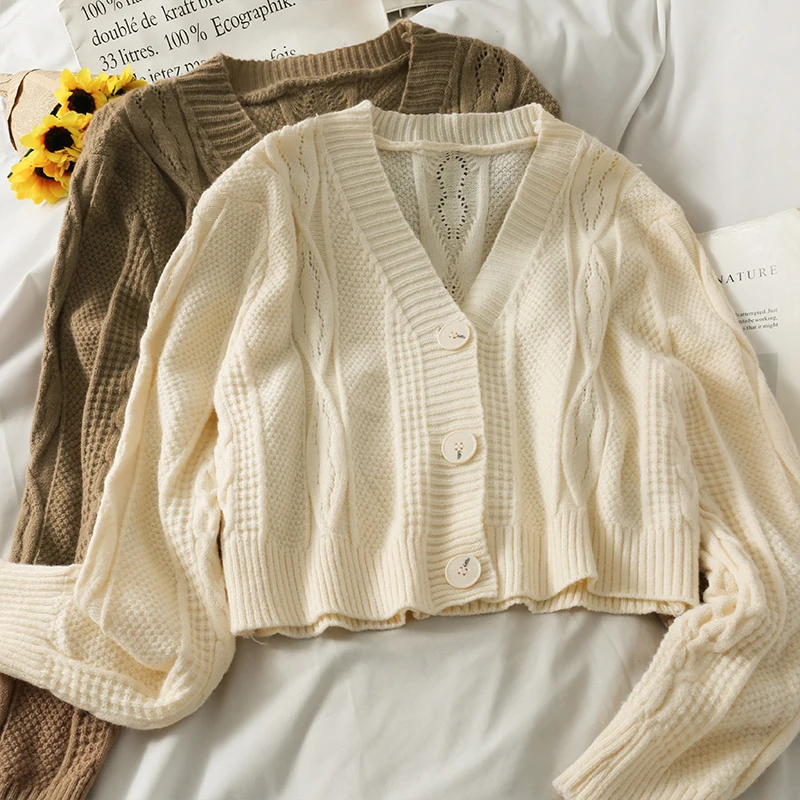 

Vintage Twist Hollow Out Knitted Sweater Cardigan Women Autumn Winter Fashion Loose Korean Single Breasted V-neck Solid Knitwear