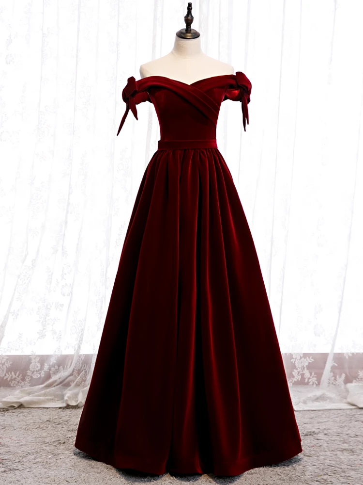 

Noble Wine Red Velour Formal Evening Dresses Robe De Soiree Fashion Off The Shoulder Floor-length Banquet Prom Gowns Host Dress