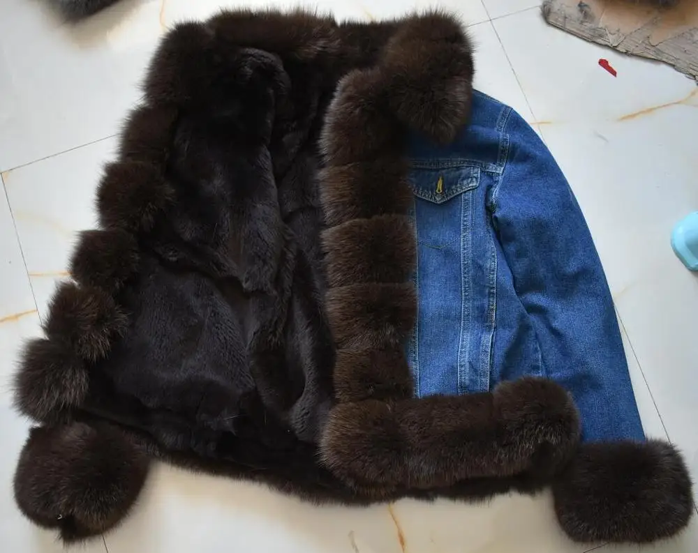 Rabbit fur lining Новинка, женская короткая джинсовая куртка с натуральным лисьим мехом, толстая хлопковая подкладка из кроличьего меха, джинсовая куртка с натуральным мехом, европейский стиль - Цвет: Rabbit fur lining